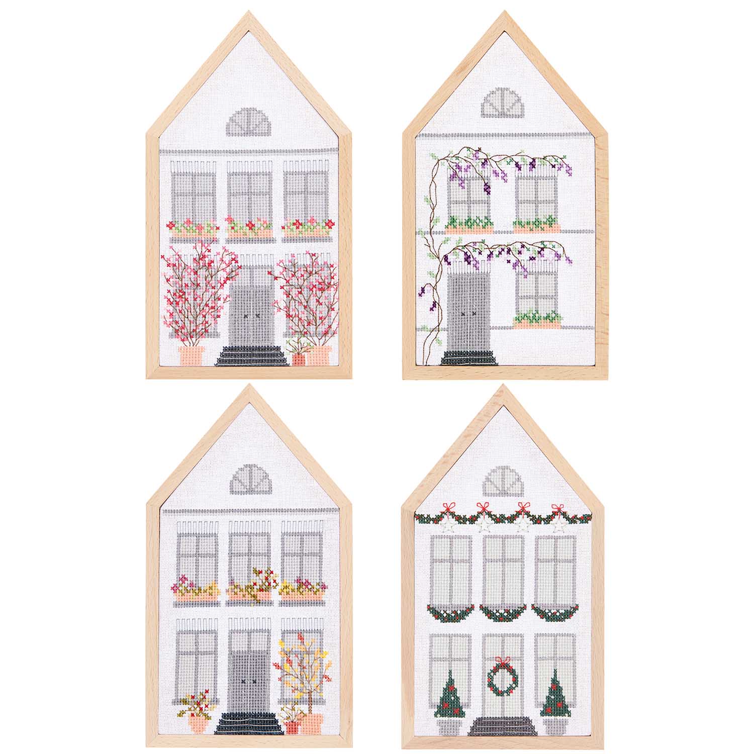 Kit de bordado punto de cruz contado, Casas 4 estaciones, mediano